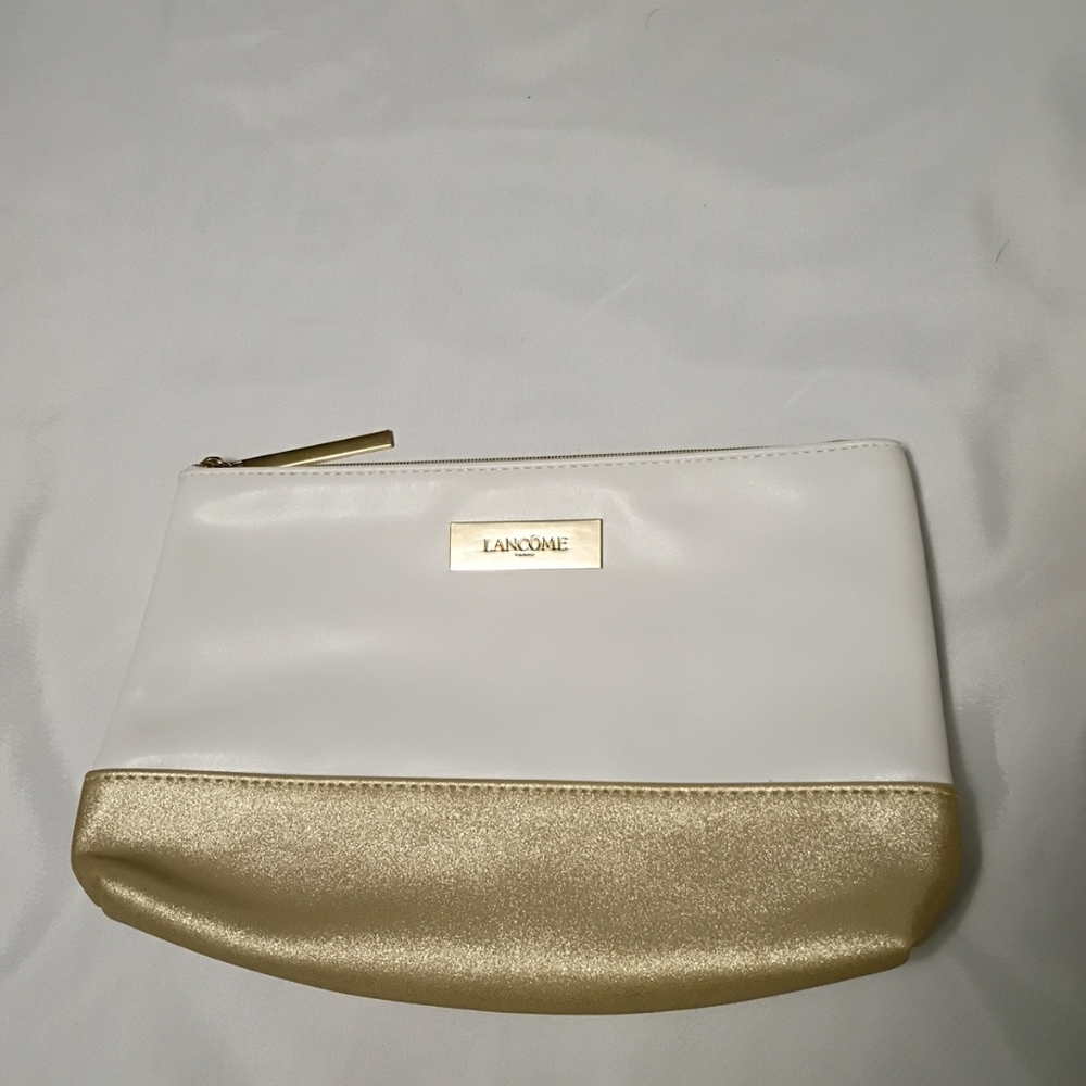 Lancome Paris Make Up Cosmetic Pouch Bag 10” x 6” x 2" White & Gold Color Case